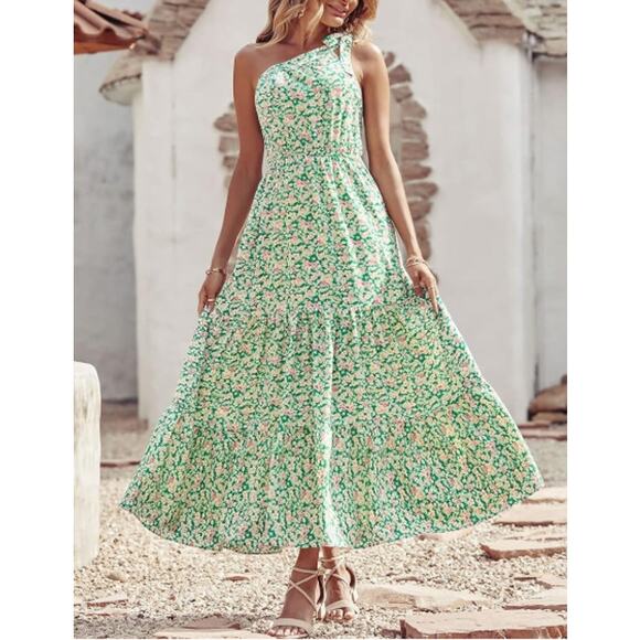 PRETTY GARDEN One Shoulder Ruffle Maxi Dress Sleeveless Floral Green Size XXL - Picture 1 of 8